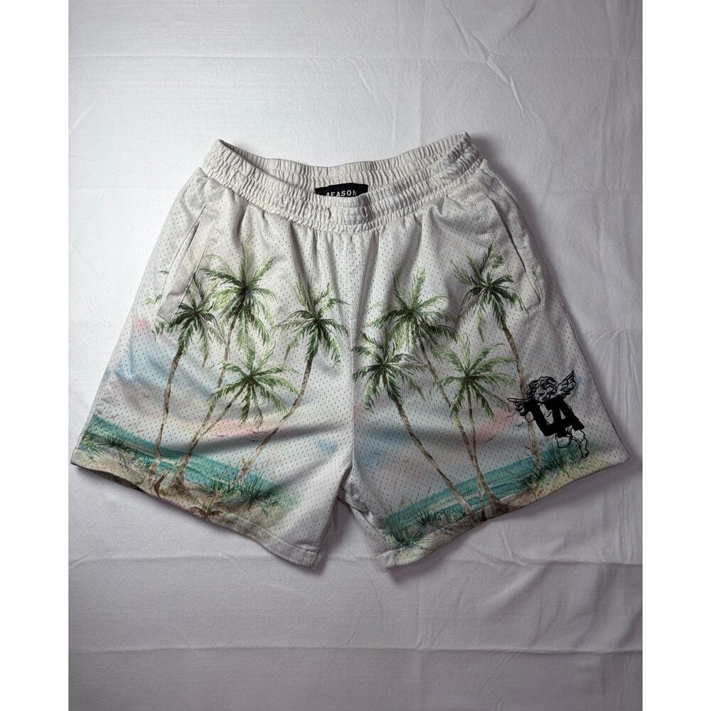 REASON Tropical Palm Tree Mesh Basketball Shorts White LA Angel Graphic Men L